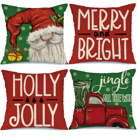 GEEORY Christmas Throw Pillow Covers 18x18 Set of 4 Truck Gnome Merry and Bright Xmas Pillows Winter Holiday Decor for Couch Red G133