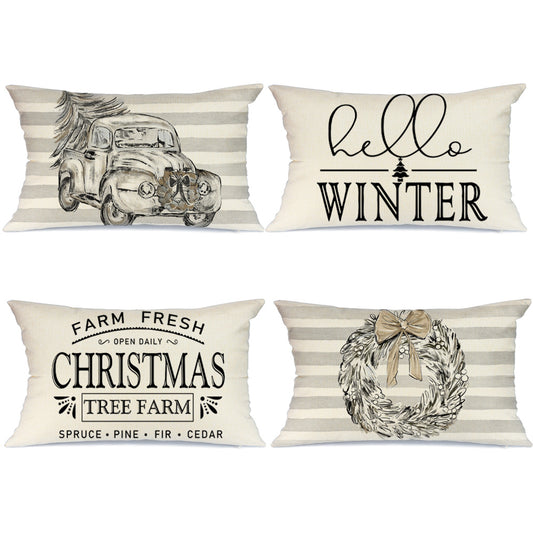 GEEORY Christmas Throw Pillow Covers 12x20 Set of 4 Christmas Trees Truck Wreath White Hello Winter Holiday Farmhouse Decor for Couch G135