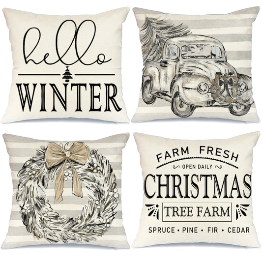 GEEORY Christmas Throw Pillow Covers 16x16 Set of 4 Christmas Trees Truck Wreath White Hello Winter Holiday G135