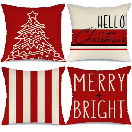 GEEORY Christmas Throw Pillow Covers 18x18 Set of 4 Merry and Bright Christmas Tree Stripes Hello Winter Holiday Decor for Couch G140