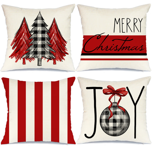 GEEORY Christmas Throw Pillow Covers 16x16 Set of 4 Buffalo Plaid Christmas Tree Joy Stripes Hello Winter Holiday Decor Red G146