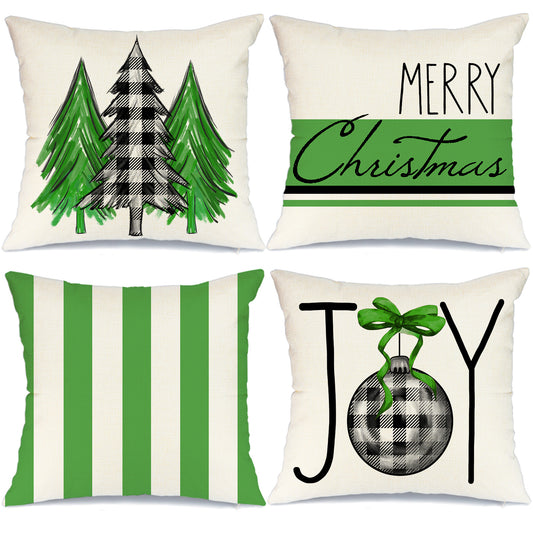 GEEORY Christmas Throw Pillow Covers 18x18 Set of 4 Buffalo Plaid Christmas Tree Joy Stripes Winter Holiday Farmhouse Decor G147-18