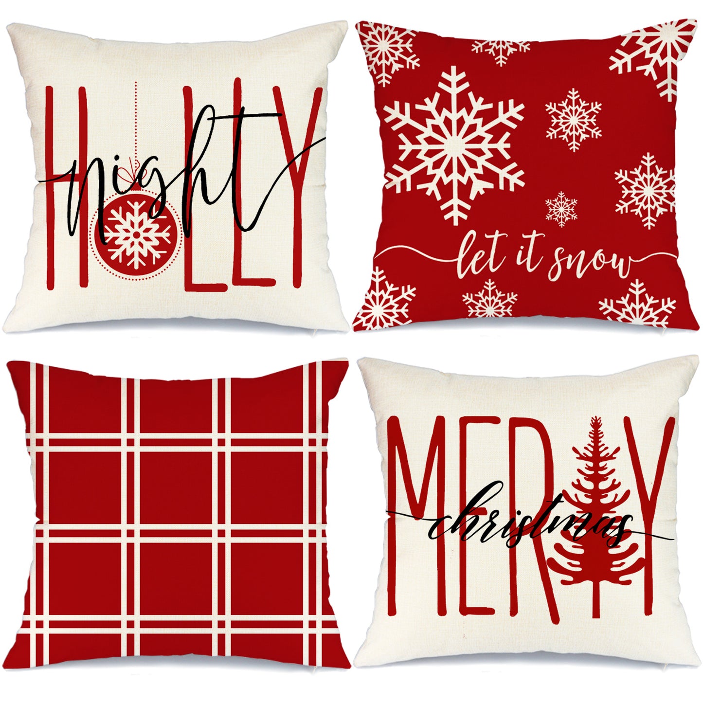 GEEORY Christmas Throw Pillow Covers 18x18 Set of 4 Buffalo Plaid Holly Night Snow Winter Holiday Decor Red G159-18