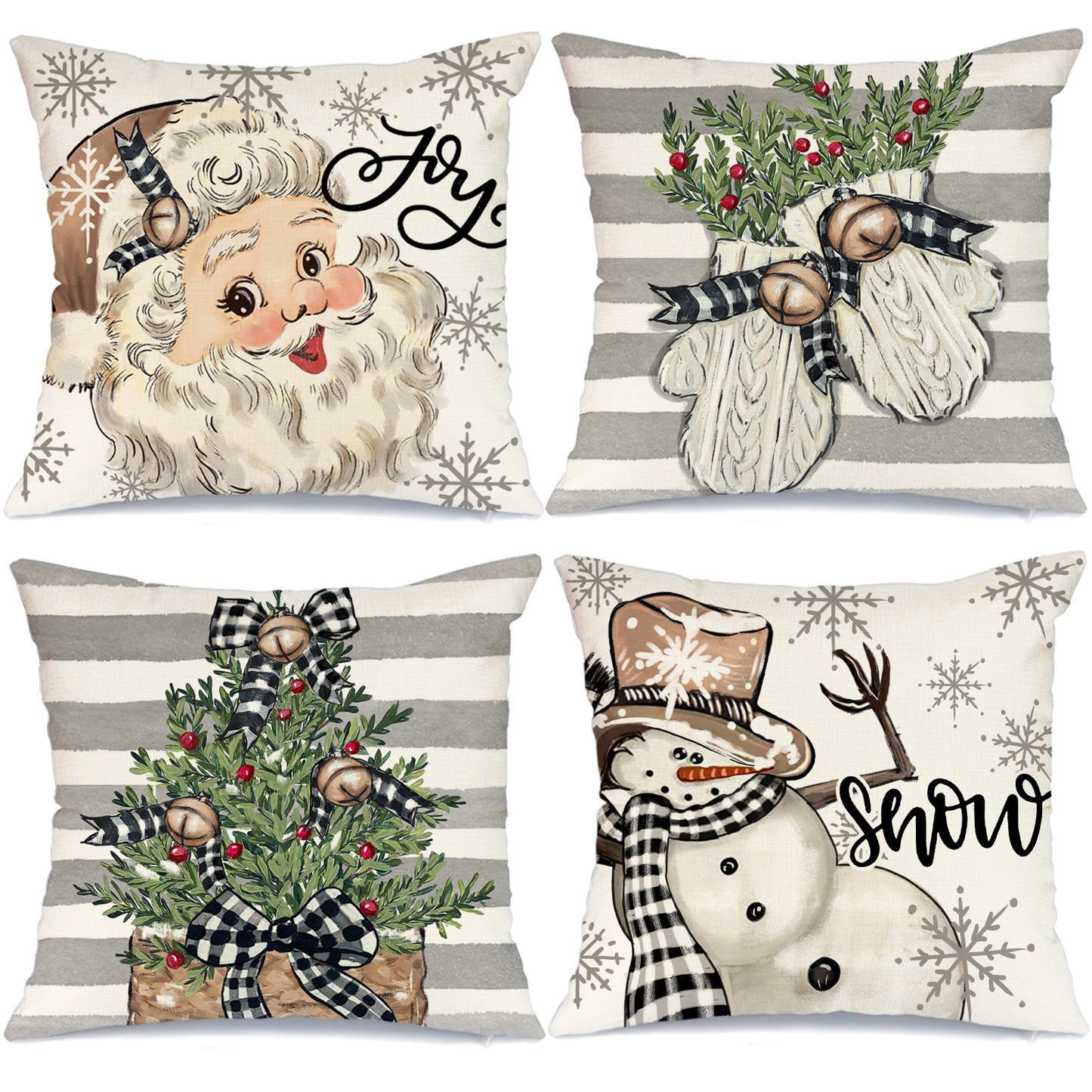 GEEORY Decorative Christmas Throw Pillow Covers 12x20 Set of 4 Santa Claus Snowman Christmas Tree Joy Grey Striped Decor for Couch G160