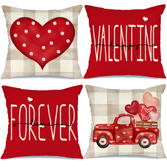 GEEORY Buffalo Plaid Decorative Valentines Day Throw Pillow Covers 18x18 Set of 4 Polka dot Red Love Heart Truck Beige G162