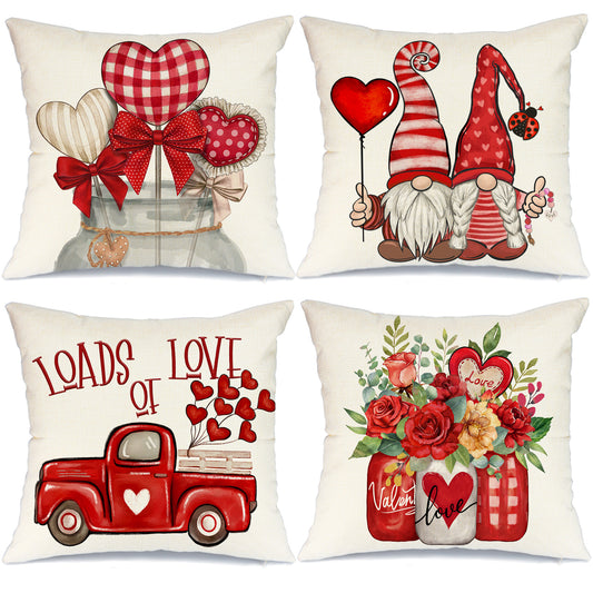 GEEORY Decorative Valentines Day Throw Pillow Covers 18x18 Set of 4 Love Heart Roses Mason Jar Gnomes Truck G180-18