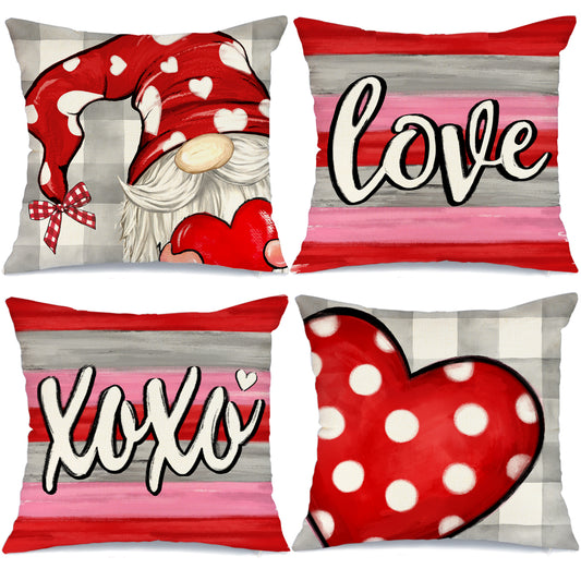 GEEORY Decorative Valentines Day Throw Pillow Covers 18x18 Set of 4 Polka dot Love Heart Gnome XOXO Home Decor G181-18