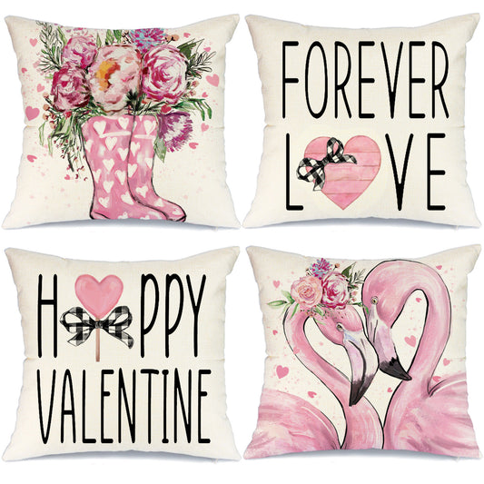 GEEORY Valentines Day Throw Pillow Covers 18x18 Set of 4 Pink Heart Roses Forever Love Flamingo Happy Valentine Home Decor G182-18