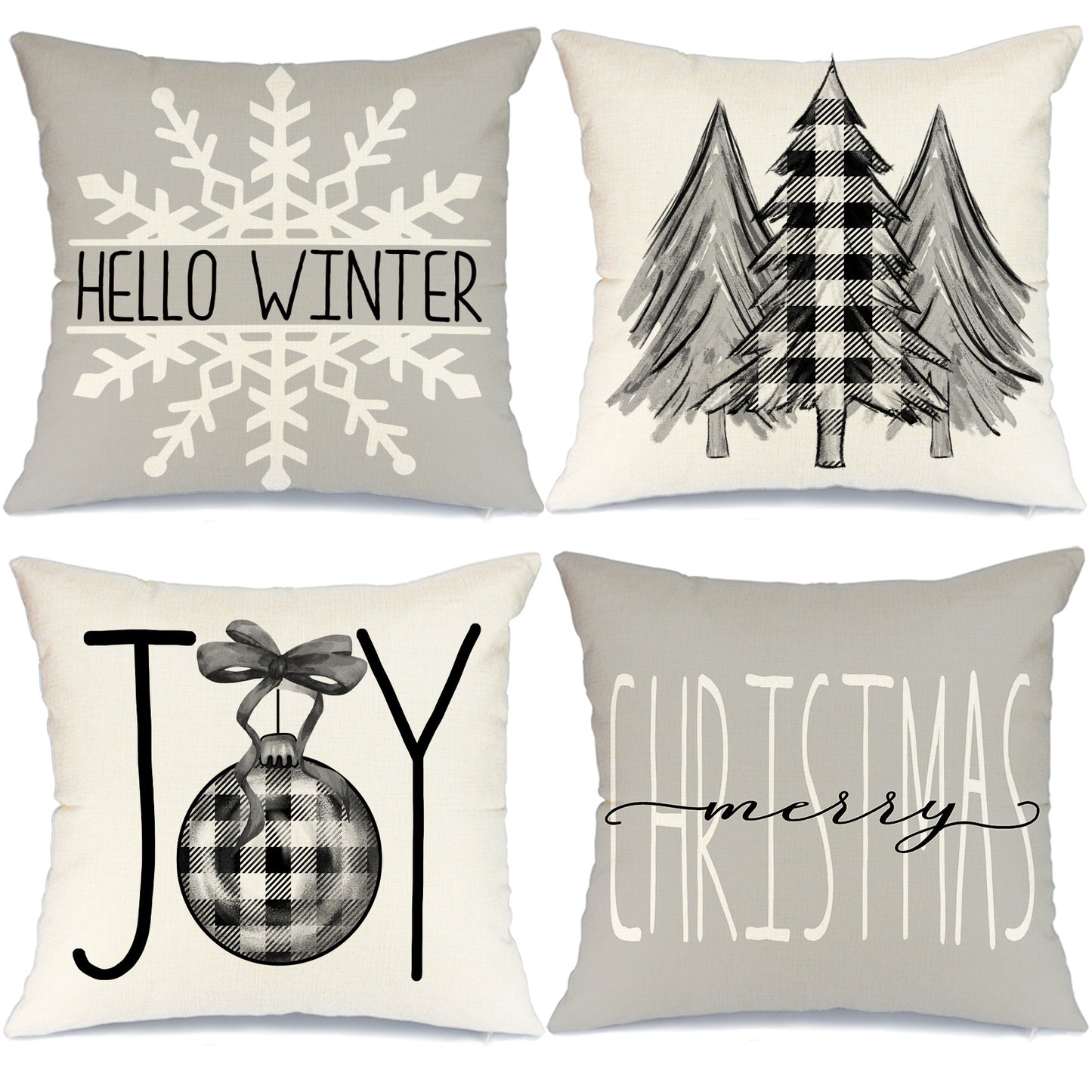 GEEORY Decorative Christmas Throw Pillow Covers 16x16 Set of 4 Buffalo Plaid Christmas Tree Joy Snow Winter Holiday Decor for Couch Gray G183