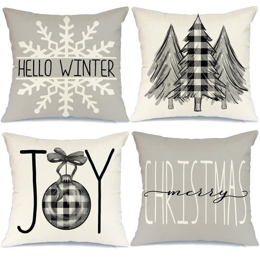 GEEORY Decorative Christmas Throw Pillow Covers 16x16 Set of 4 Buffalo Plaid Christmas Tree Joy Snow Winter Holiday Decor for Couch Gray G183