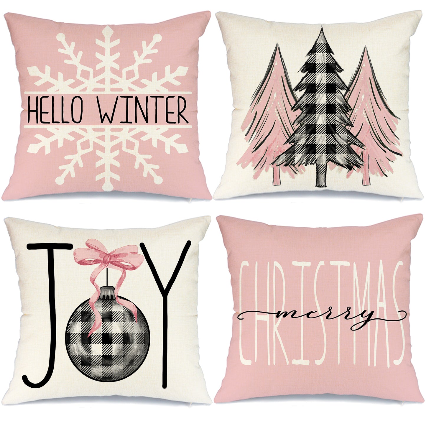 GEEORY Decorative Christmas Throw Pillow Covers 16x16 Set of 4 Buffalo Plaid Christmas Tree Joy Snow Winter Holiday Farmhouse Decor Pink G184