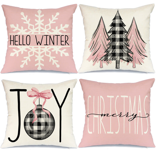 GEEORY Decorative Christmas Throw Pillow Covers 16x16 Set of 4 Buffalo Plaid Christmas Tree Joy Snow Winter Holiday Farmhouse Decor Pink G184