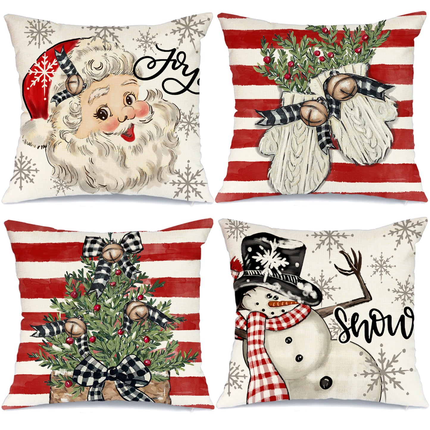 GEEORY Christmas Throw Pillow Covers 16x16 Set of 4 Santa Claus Snowman Christmas Tree Striped Farmhouse Decor Red G185