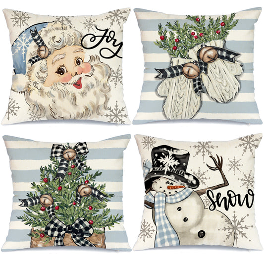 GEEORY Christmas Throw Pillow Covers 18x18 Set of 4 Santa Claus Snowman Christmas Tree Joy Grey Striped Decor for Couch Blue G187