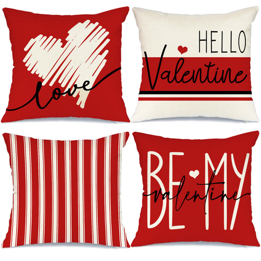 GEEORY Valentines Day Throw Pillow Covers 18X18 inch Set of 4 Red Love Heart Stripes Hello Valentine Home Decor G191-18