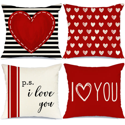 GEEORY Valentines Day Throw Pillow Covers 18X18 inch Set of 4 Red Black Stripes Love Heart I Love You Home Decor G192-18