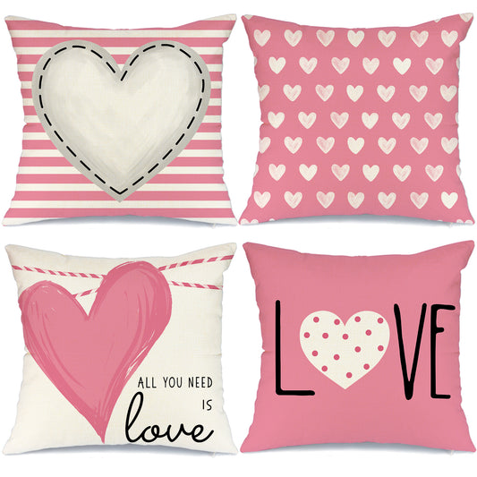 GEEORY Valentines Day Throw Pillow Covers 18X18 Inch Set of 4 Pink White Stripes Dots Love Heart Home Decor G193-18