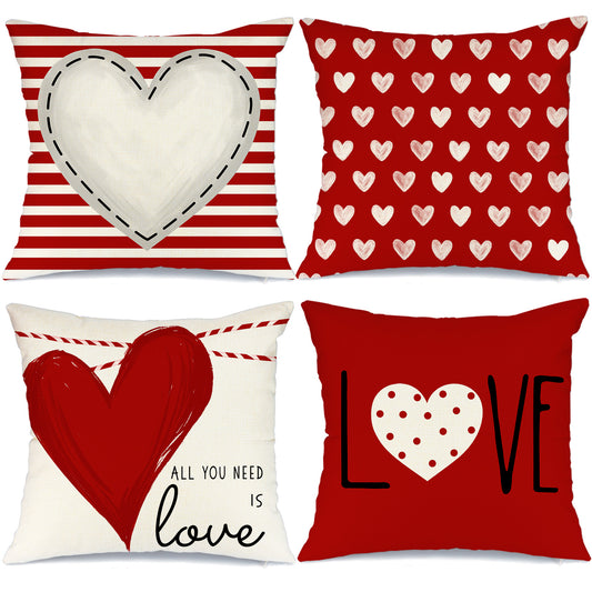 GEEORY Valentines Day Throw Pillow Covers 18X18 Inch Set of 4 Red White Stripes Dots Love Heart Home Decor G194-18