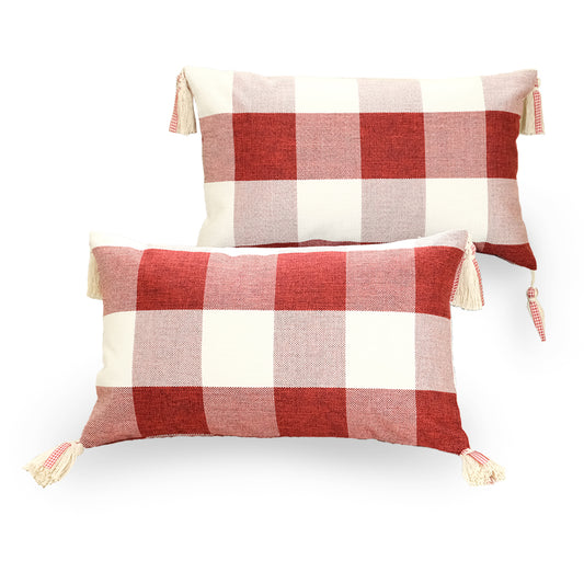 GEEORY Decorative Throw Pillow Covers 12x20 Set of 2, Red White Buffalo Plaid Cushion Cover with Boho Tassels Farmhouse Decor G213-12