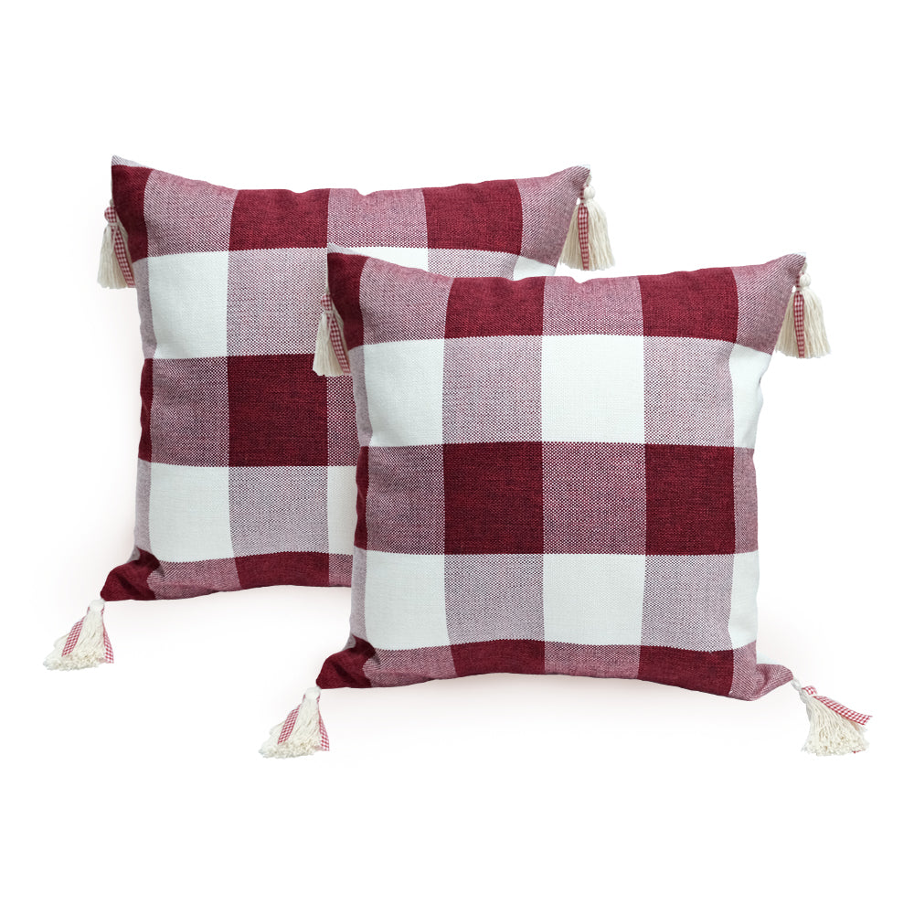 GEEORY Decorative Throw Pillow Covers 12x20 Set of 2, Red White Buffalo Plaid Cushion Cover with Boho Tassels Farmhouse Decor G213-12