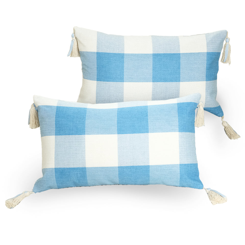 GEEORY Decorative Throw Pillow Covers 12x20 Set of 2, Blue White Buffalo Plaid Cushion Cover with Boho Tassels Farmhouse Decor G214-12