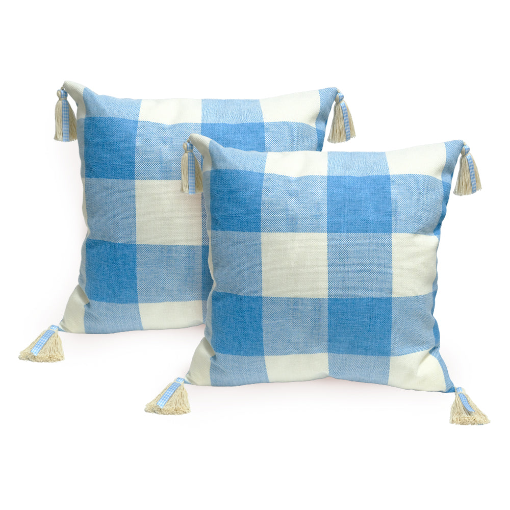 GEEORY Decorative Throw Pillow Covers 12x20 Set of 2, Blue White Buffalo Plaid Cushion Cover with Boho Tassels Farmhouse Decor G214-12