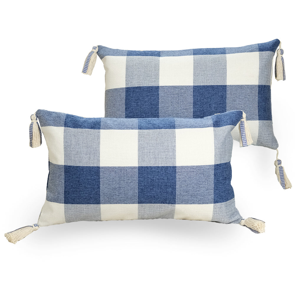 GEEORY Decorative Throw Pillow Covers 12x20 Set of 2, Dark Blue White Buffalo Plaid Cushion Cover with Boho Tassels Farmhouse Decor G215-12