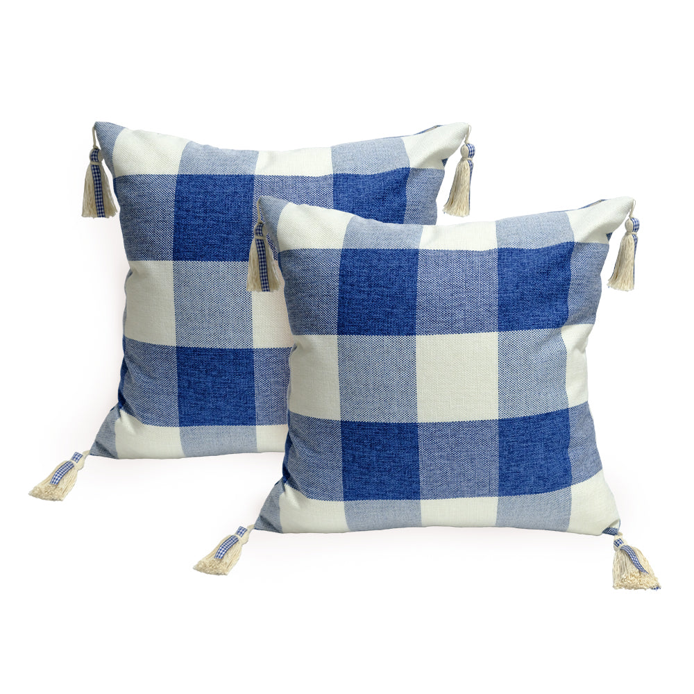 GEEORY Decorative Throw Pillow Covers 12x20 Set of 2, Dark Blue White Buffalo Plaid Cushion Cover with Boho Tassels Farmhouse Decor G215-12