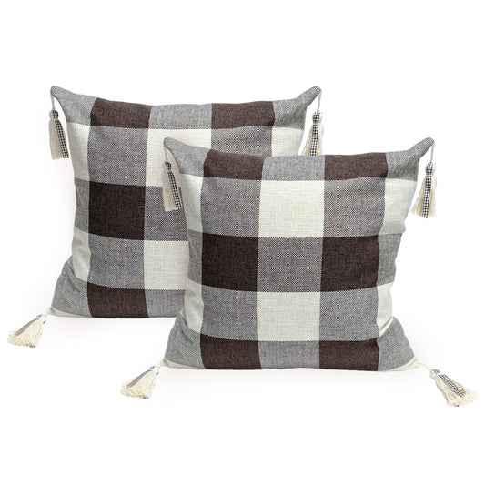 GEEORY Decorative Throw Pillow Covers 16x16 Set of 2, Brown White Buffalo Plaid Cushion Cover with Boho Tassels Farmhouse Decor G216-16