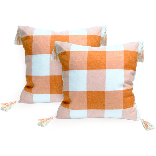 GEEORY Decorative Throw Pillow Covers 16x16 Set of 2, Orange White Buffalo Plaid Cushion Cover with Boho Tassels Farmhouse Decor G217-16