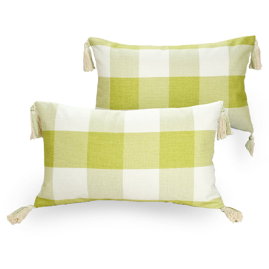 GEEORY Decorative Throw Pillow Covers 12x20 Set of 2, Green White Buffalo Plaid Cushion Cover with Boho Tassels Farmhouse Decor G218-12