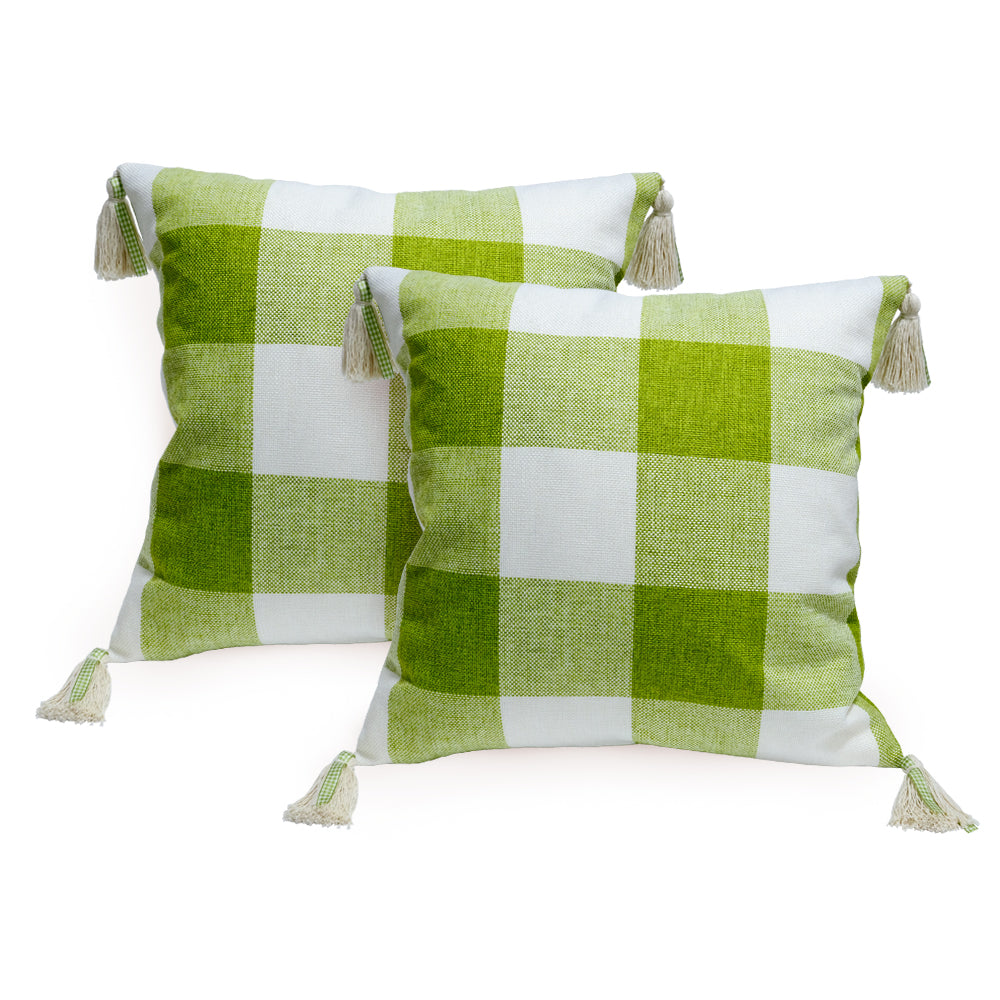 GEEORY Decorative Throw Pillow Covers 12x20 Set of 2, Green White Buffalo Plaid Cushion Cover with Boho Tassels Farmhouse Decor G218-12