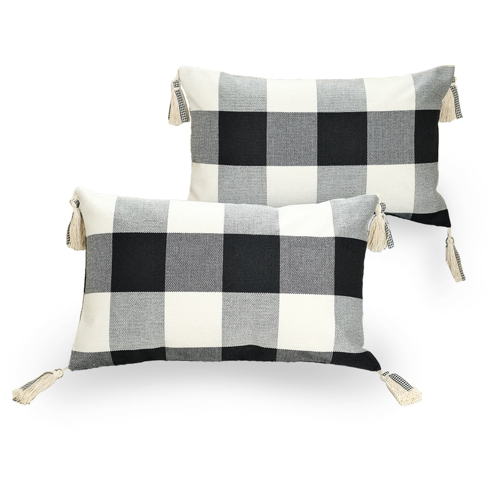 GEEORY Decorative Throw Pillow Covers 12x20 Set of 2, Black White Buffalo Plaid Cushion Cover with Boho Tassels Farmhouse Decor G219-12