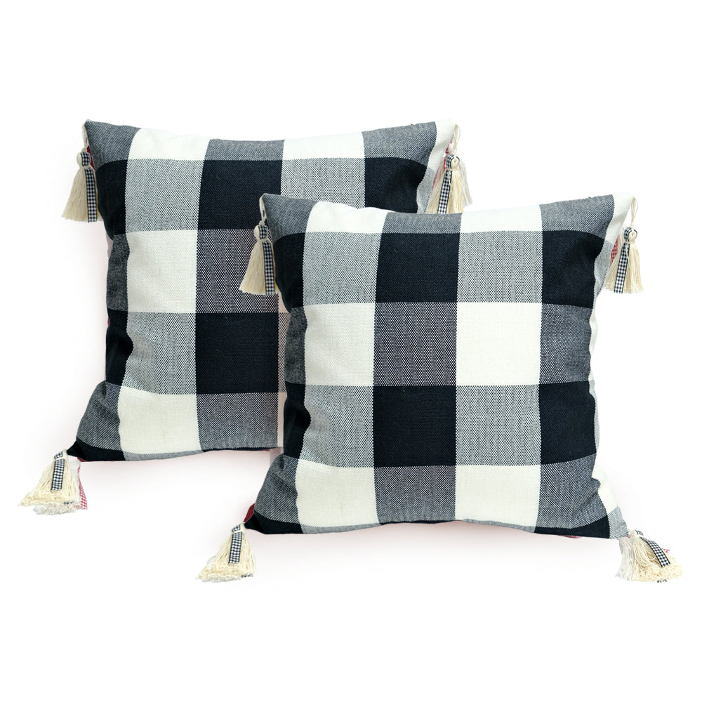 GEEORY Decorative Throw Pillow Covers 12x20 Set of 2, Black White Buffalo Plaid Cushion Cover with Boho Tassels Farmhouse Decor G219-12