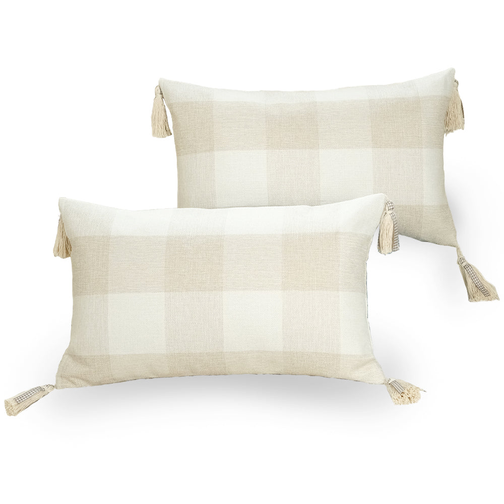 GEEORY Decorative Throw Pillow Covers 12x20 Set of 2, Beige White Buffalo Plaid Cushion Cover with Boho Tassels Farmhouse Decor G220-12