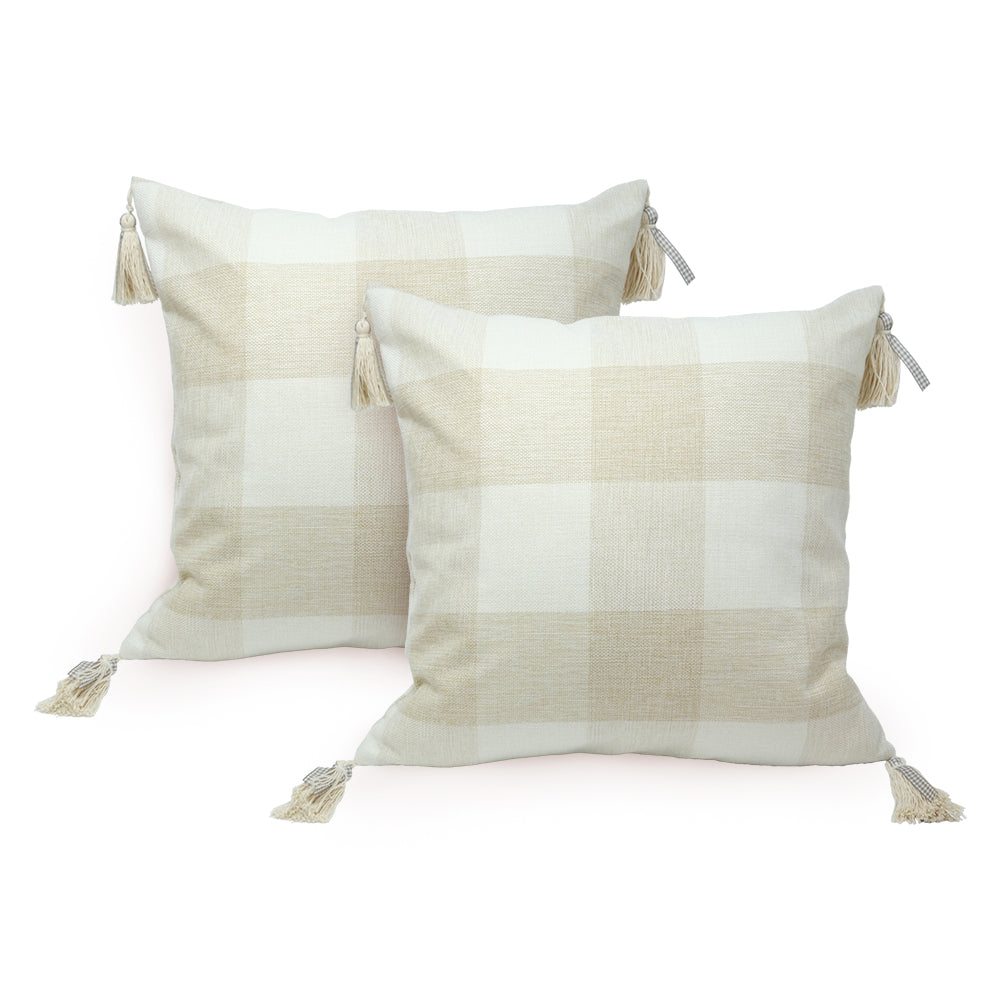 GEEORY Decorative Throw Pillow Covers 12x20 Set of 2, Beige White Buffalo Plaid Cushion Cover with Boho Tassels Farmhouse Decor G220-12