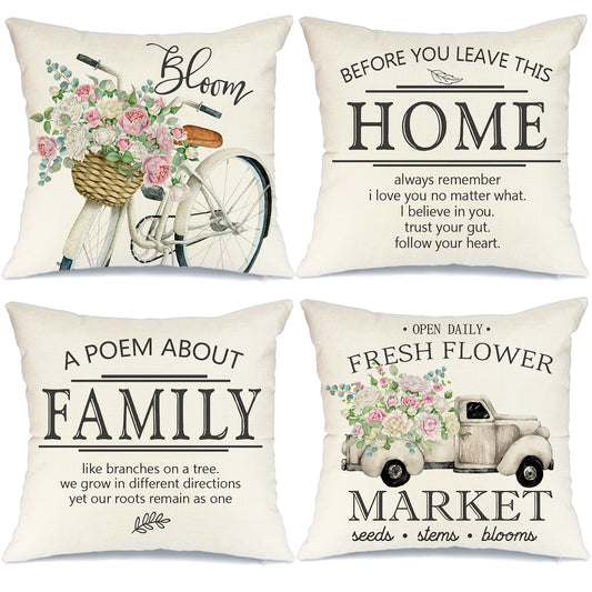 GEEORY Spring Throw Pillow Covers 18x18 Set of 4 Eucalyptus Leaves Flowers White Bicycle Truck Decorative Family Decor G221-18