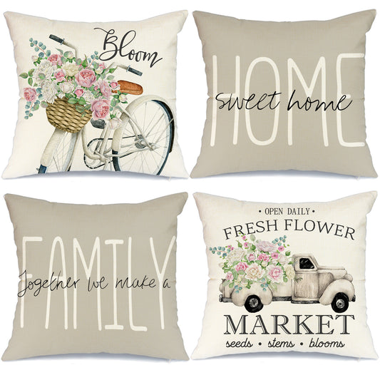 GEEORY Spring Throw Pillow Covers 18x18 Set of 4 Eucalyptus Leaves Fresh Flowers Bicycle Truck Sweet Home Farmhouse Decor Beige G222-18