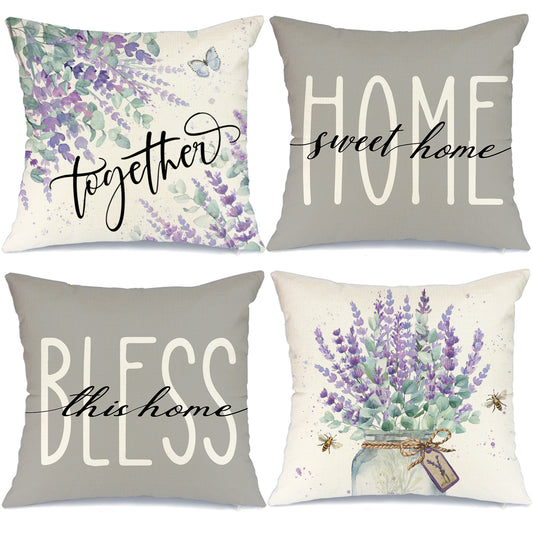 GEEORY Farmhouse Throw Pillow Covers 18x18 Set of 4 Eucalyptus Leaves Lavender Jar Home Sweet Home Grey Purple G223-18