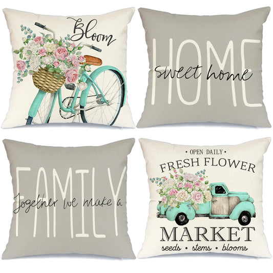 GEEORY Spring Throw Pillow Covers 18x18 Set of 4 Eucalyptus Leaves Fresh Flowers Bicycle Truck Sweet Home Decor Beige G224-18