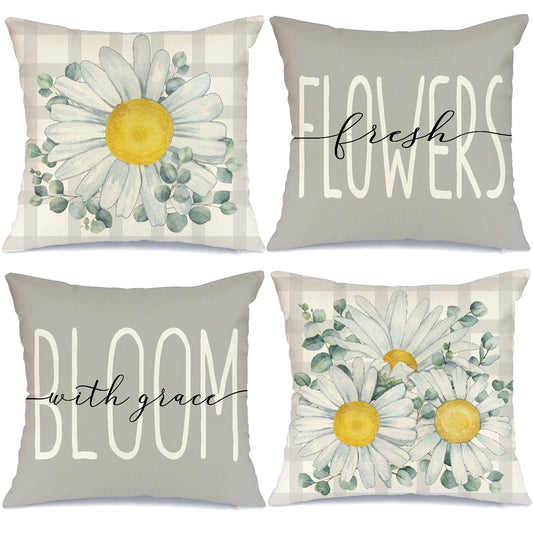 GEEORY Spring Summer Throw Pillow Covers 20x20 Set of 4 Beige Bufflo Plaid Daisy Eucalyptus Leaves White Grey Farmhouse Decor G225