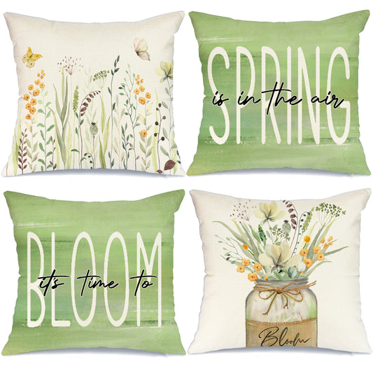 GEEORY Decorative Spring Throw Pillow Covers 20x20 Set of 4 Flowers Mason Jar Leaves Butterfly Green Summer Farmhouse Decor G226