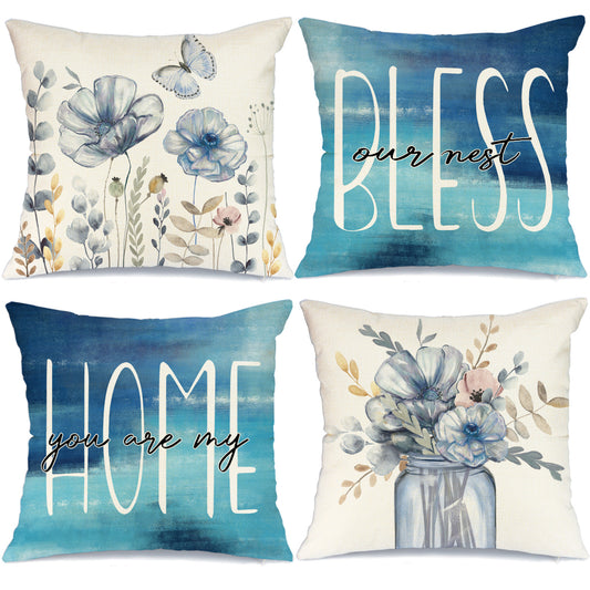 GEEORY Throw Pillow Covers 20x20 Set of 4 Cosmos Flowers Mason Jar Eucalyptus Leaves Butterfly Blue Summer Farmhouse Decor G228