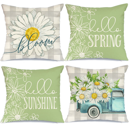 GEEORY Throw Pillow Covers 20x20 Set of 4 Buffalo Plaid Daisy Truck Bloom Hello Sunshine Light Green Farmhouse Decor G231