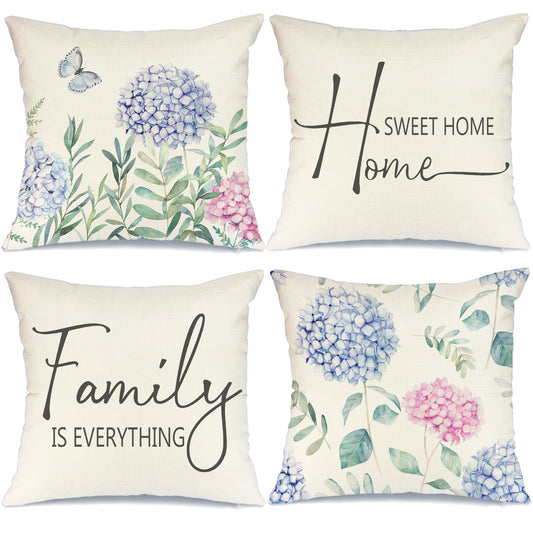 GEEORY Spring Throw Pillow Covers 20x20 Set of 4 Pink Hydrangea Flowers Butterfly Home Sweet Home Bluish Purple Summer Farmhouse Decor G233