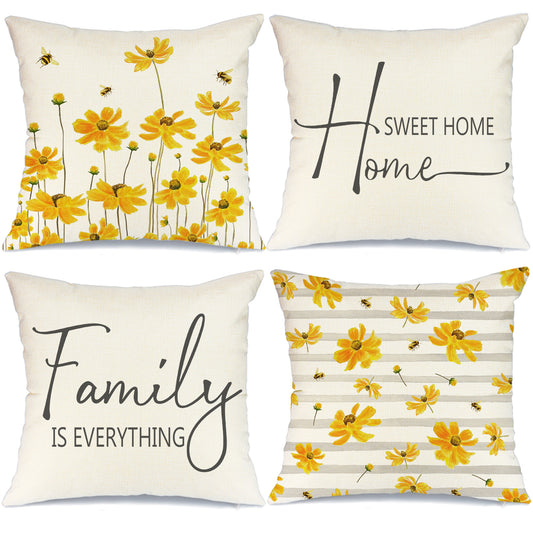 GEEORY Spring Throw Pillow Covers 20x20 Set of 4 Yellow Cosmos Flowers Bee Home Sweet Home Floral Summer Farmhouse Decor G234