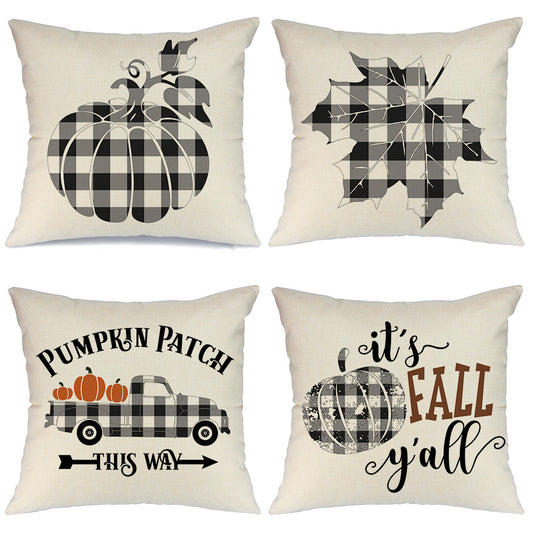 GEEORY Decorative Fall Throw Pillow Covers 18x18 Inch Set of 4 Buffalo Check Plaid Pumpkin Thanksgiving Decor GA252