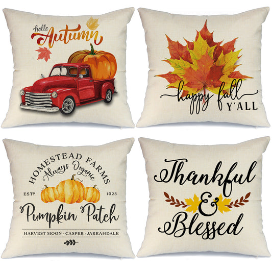 GEEORY Fall Throw Pillow Covers 18x18 Inch Set of 4 Pumpkin Patch Maple Leaf Truck Thankful Blessed Thanksgiving Decor GA255