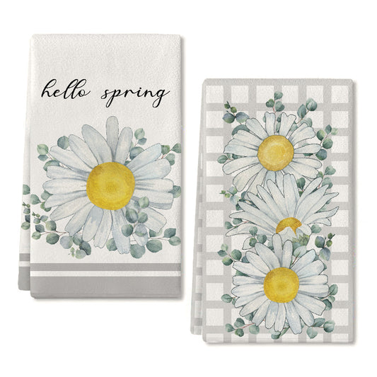 GEEORY Spring White Daisy Kitchen Dish Towels 18x26 Inch Ultra Absorbent Bar Drying Cloth Hello Spring Hand TowelHome Decor Set of 2 GD001