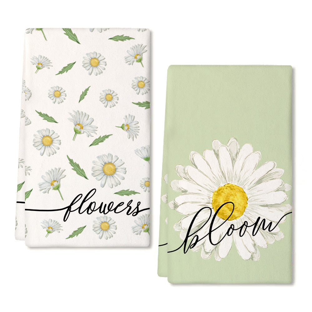 GEEORY Spring Daisy Leaves Kitchen Dish Towels 18x26 Inch Ultra Absorbent Bar Drying Cloth Flower Sign Hand Towel Home Decor Set of 2 GD008